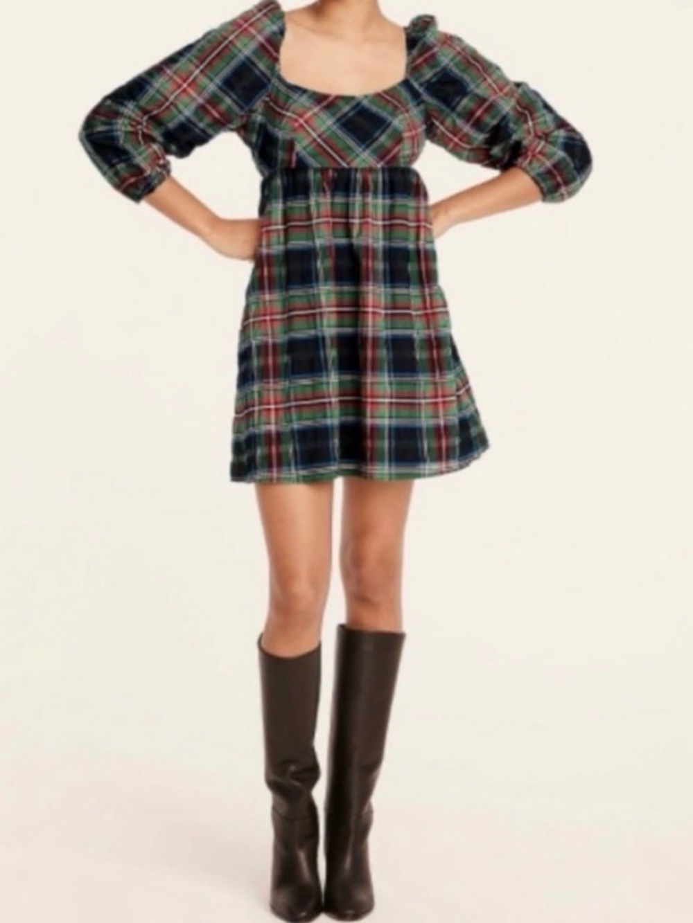J. Crew Red & Black Plaid Puff-Sleeve Mini Dress